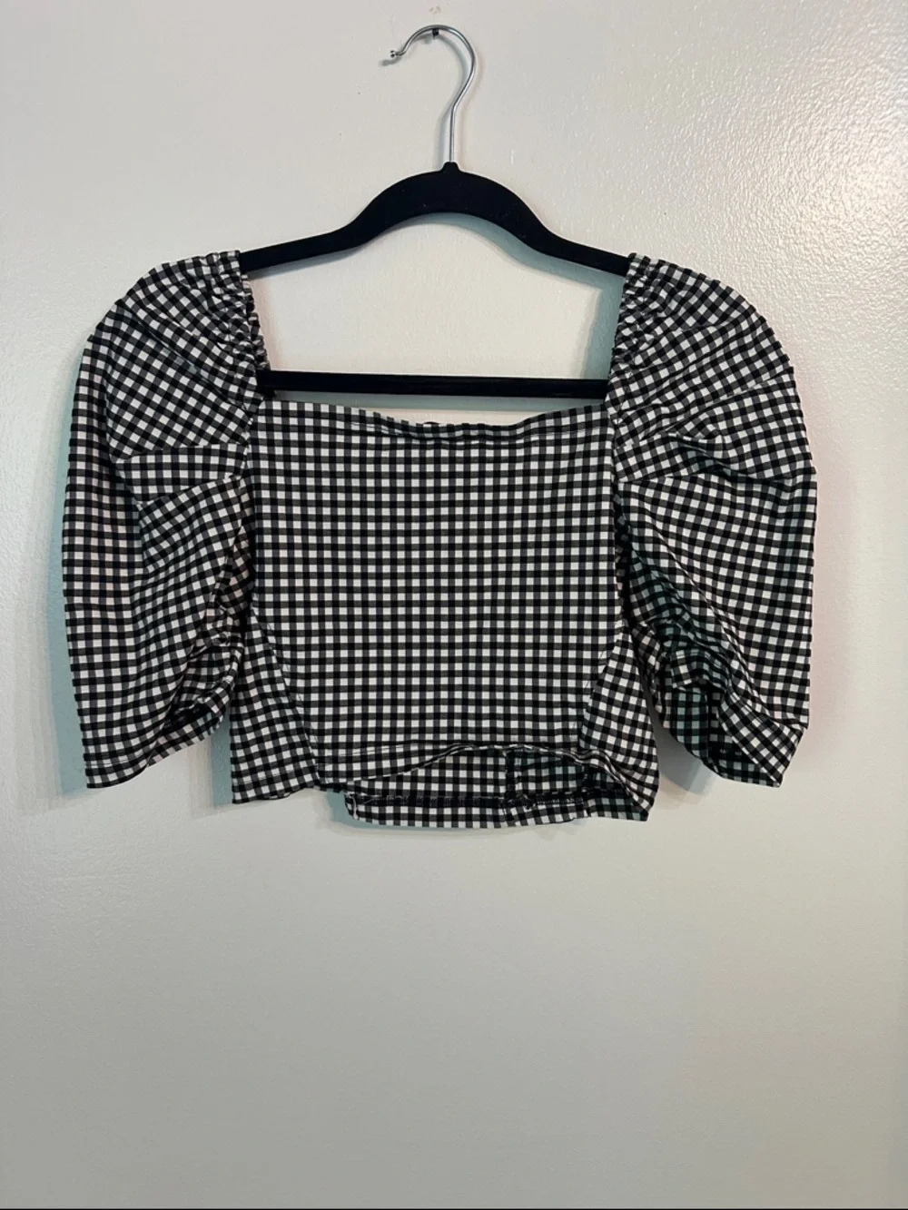 Topshop Black and White Gingham Puff-Sleeve Crop Top US 6